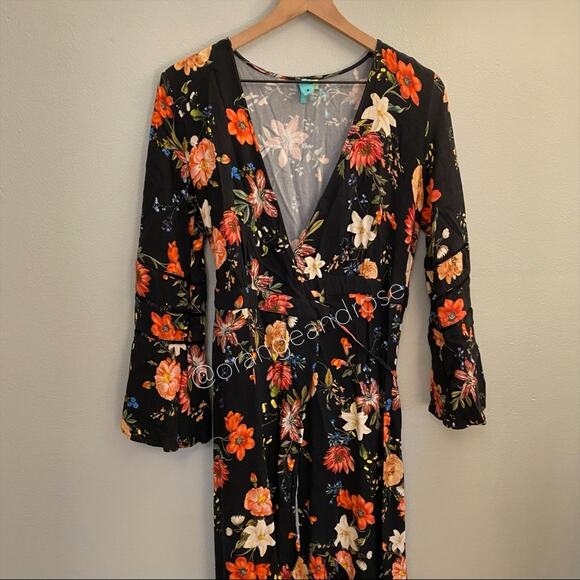 FARM Rio Brazil Black Floral Wrap Front Long Sleeve Maxi Dress Tropical XS - Picture 8 of 16